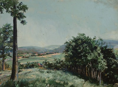 Emil Croissant, 1899 Landau - 1964, Pfälzer Landschaft, verso betitelt für Vater gemalt von Emil Croissant, Öl/Malkarton, ca. 34 x 47 cm, Rahmen