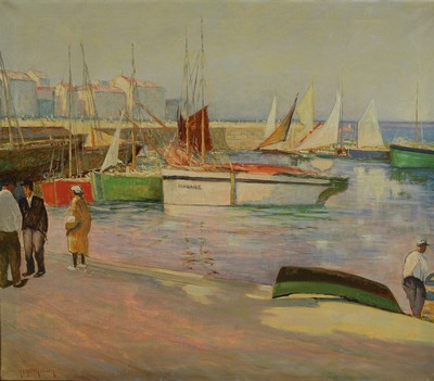 H.P. Henriksen, erste Hälfte 20. Jh.,, Hafenansicht mit Segelbooten und Personen, Öl/Lwd, li. u. signiert, ca. 67 x 77 cm, Rahmen: 77 x 88 cm, ...