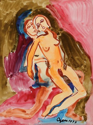 Gertrud Ogem, 1919 - 1985, expressionistisches Aquarell, handsigniert und datiert 1973, "Paar beim Liebesakt", Berliner Künstlerin, ca. 40 ...
