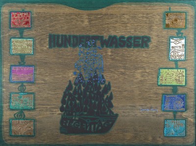 Friedensreich Hundertwasser, 1928 - 2000, Holzkoffer mit aufgedrucktem Siebdruck, handsigniert innen, "Regentag", ca. 55x73 cm l. ...