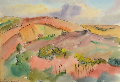 Loulou Albert-Lasard, 1885 Metz - 1969 Paris, hügelige Landschaft, Collines Italie 1957, No. 497, Aquarell/Papier, rückseitig auf Klebeetikett ...