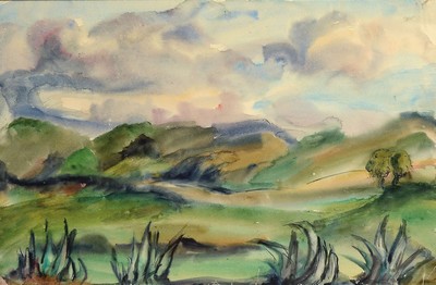 Loulou Albert-Lasard, 1885 Metz - 1969 Paris, hügelige Landschaft, mit Atelierstempel li. u., Aquarell auf Papier, komplett 41 x 58.5 cm, Rahmen