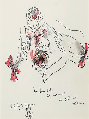 Horst Janssen, 1929 - 1995, Bleistift und Buntstiftzeichnung, Selbstporträt zornig, mit Text: "die bin ich- ich war einst- ein süsses ...