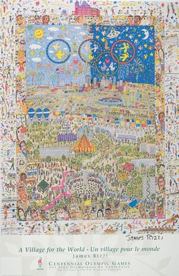 James Rizzi, 1950 - 2011, Lithografie " A Village for the World", Centennial Olympic Games, handsigniert, ca. 86 x 55.5 cm