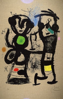 Joan Miro, 1893 - 1983, "La Conversation", aus 1969, Farblithografie auf Jute, auf Mandeure-Chiffon kaschiert, handsigniert und nummeriert, ...