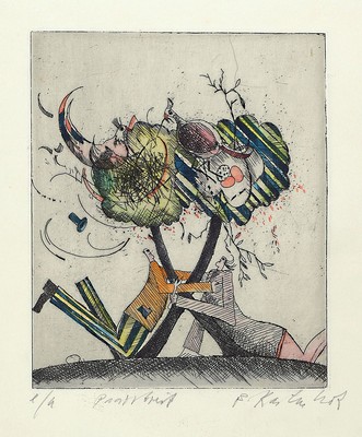 Bernd Kastenholz, geb. 1943 Speyer, Konvolut von vier kolorierten Radierungen, 1x Einzeltisch, num 79/150, ca. 17x15cm/ 40x31cm; 1x Käfigliebe, num ...