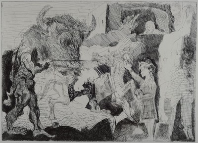 Alfred Hrdlicka, 1928 Wien - 2009, Radierung Kampfszene mit Minotaurus, HC, handsigniert und datiert 73, ca. 50 x 69 cm, Blattmaß ca. 63 x 90 cm, ...