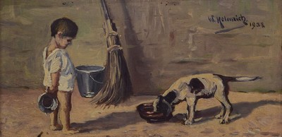 Walter Helmrich, geb. 1905, kleiner Knabe mit Hund, Öl/Karton, re. oben signiert und dat. 1938, ca. 9.5 x 19 cm, Rahmen l. best.