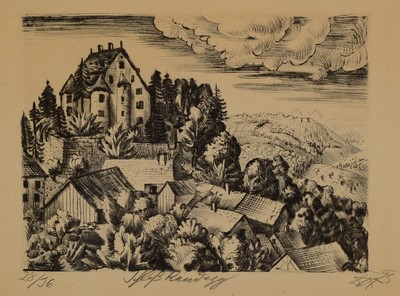 Otto Dix,1891-1969, Schloss Randegg, Kaltnadelradierung, num. 28/36, handsigniert, dat.(19)25, ca. 14.5 x 19.5 cm, Verlerger Hans Koch, unter Glas, ...
