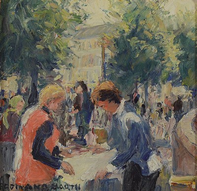 Ferdinand Barth, 1902 - 1979, auf dem Flohmarkt, Öl/Platte, signiert, verso dat. 1974, ca.19 x 19 cm, Rahmen ca. 33 x 32 cm, l. best.
