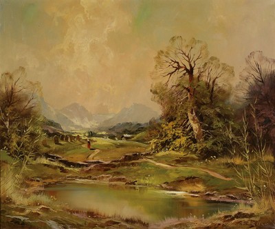 Hermann Haller, 1880-1950, Gebirgslandschaft, im Vordergrund baumbestandener See mit Frau auf Weg, Öl/Lwd, rechts unten signiert H. Haller, ca. ...