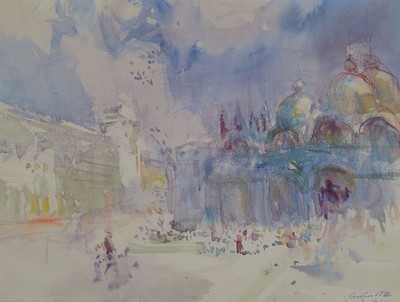 Carolus Vocke, 1899 Heilbronn- 1979 Mannheim, Studium an den Akademien Stuttgart und Karlsruhe, hier: Markusplatz von Venedig, Aquarell auf Papier, ...