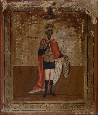 Ikone, Russland, um 1830/40, Heiligendarstellung, Eitempera/Holz, altersbedingt beschädigt, Altersspuren, ca. 31 x 26.5 cm