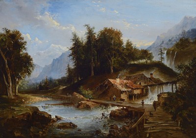 Caillot nach Watelet, dat. (18)67, Gebirgslandschaft mit Mühle u. Personenstaffage, Öl/Lwd, signiert u. bezeichnet, ca. 38x54 cm