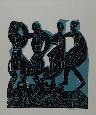 HAP Grieshaber, 1909 Rot (Oberschwaben) - 1981 Achalm bei Reutlingen, Holzschnitt , tanzende Griechen, handsigniert, ca. 42 x 36 cm PP-Ausschnitt, ...
