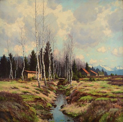 Karl Schätte, 1884 Korbach - 1951 München, Studium an den AK München und Düsseldorf, im Murnauer Moos, Landschaft mit Birken und Blick auf die ...