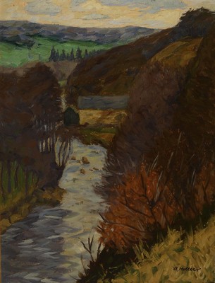 Alfred Holler, geb. 1888 in Krefeld - 1954 in Eupen, Ausbildung in der Kunstakademie Düsseldorf, hier Gebirgslandschaft, Öl/Platte, unten rechts ...