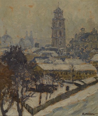Alfred Holler, geb. 1888 in Krefeld - 1954 in Eupen, Ausbildung in der Kunstakademie Düsseldorf, winterliche Stadtansicht, Öl/Platte, mehrere ...