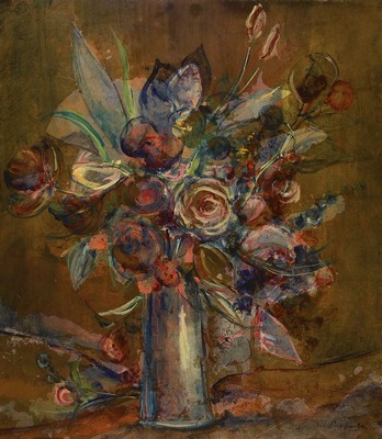 Willi Pfefferle, 1914 München - 2004, Acryl/Mischtechnik auf Platte, Stillleben, z.T. Gold- und Silbergrundig, signiert, ca. 80 x 70 cm, R.