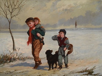 F. Backvis, wohl osteuropäischer Künstler, drei Kinder in einer Winterlandschaft, Öl/Lwd, signiert, ca. 60 x 80 cm, Rahmen