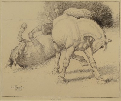 Arthur Kampf, 1864 - 1950, "Fliegen", Zeichnung, zwei Pferde von Fliegen geplagt, gekonnte, bewegte Zeichnung des bekannten Malers, li. ...