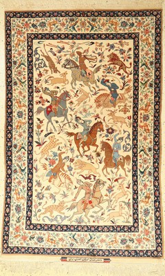 Feiner Esfahan "Seirafian" alt (Hunting), Persien, um 1960, Korkwolle auf Seide, ca. 174 x 108 cm, EHZ: 3 (Flecken, Altersspuren, alter ...