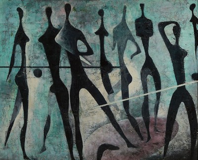 Hanns Joachim Gestering, 1911 Wunsiedel - 1992 Forstel, tanzende Akte mit Kugeln, Öl/Platte, unsigniert, ca. 65 x 80 cm, Rahmen: 78 x 93 cm