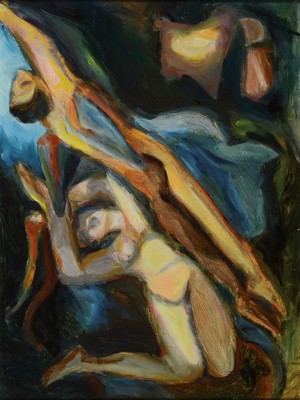 Benno Huth, 1937 Sigmaringen-2020, Studium an der Akademie Karlsruhe u.a. bei Karl Hubbuch, hier: Figuren, Öl/Hartfaser, unsigniert, aus dem ...