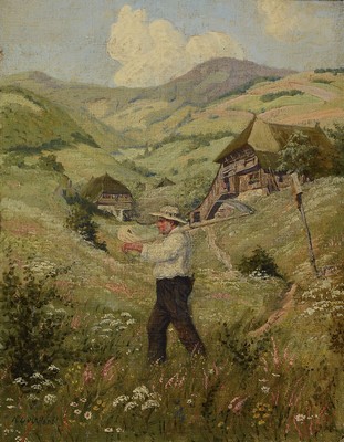 Karl Luckhardt, 1886-1970 Frankfurt/Main, hier: Schwarzwaldtal im Frühling mit Bauer, schöne tiefe Staffelung der Landschaft, Öl/Lwd auf Platte, ...