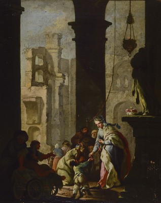 Unbekannter Meister, wohl Frankfurter Raum, um 1760, Verteilung von Almosen an die Armen, lasierende Malerei auf Leinwand, Fürstin mit Hermelin gibt ...