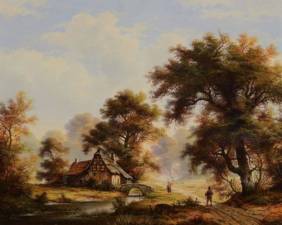 Heinz Stienen, 1918 Dresden-2002, frühherbstliche Landschaft mit Bauernhaus, nach dem Vorbild der Düsseldorfer Schule um 1820, stimmig gesetzte ...