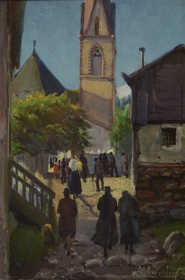 Fritz Hildebrandt, 1878 Quedlinburg-1970, Studium an der Akademie Berlin, war Schüler von Müller-Schönefeld und Hans Licht, hier: Kirchgang in ...