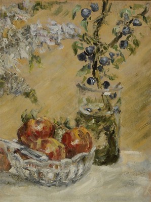 Unbekannter Impressionist, um 1910, Stillleben mit Zweig und Obstschale, Öl/ Malkarton, in der Art des Lovis Corinth, ca. 46x34cm, R. ca. 60x49cm