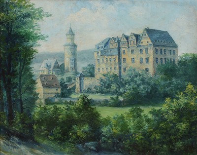 Karl Weierter, geb. 1868 Idstein, Blick auf Schloß Idstein im Taunus, Öl/Malkarton, links unten signiert und dat. 1911, ca. 40x51cm, R. ca. 54x65cm