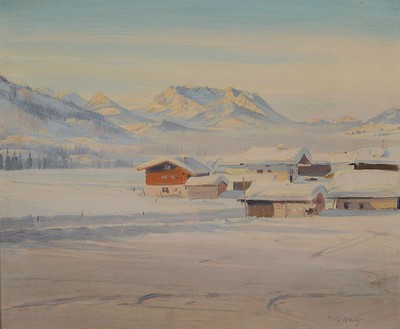 Willy Walcher, geb. 1914 Lenggries, Studium an der Akademie München, hier: Verschneite Winterlandschaft in den Alpen, Öl/Malkarton, rechts unten ...