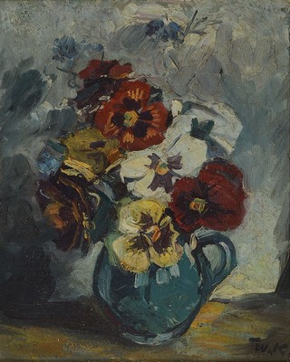 Wilhelm Kehrer, 1892 Hanau-1960 Reutlingen, Stillleben mit Blumen in blauem Krug, Öl/ Malkarton, rechts unten monogr., rückseitig signiert, ca. ...