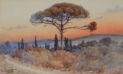 Gaetano Facciola, 1868-1949, Landschaft mit Pinie und Zypressen, Aquarell auf Papier, links unten signiert, ca. 12x21cm, u.Gl., R. ca. 26.5x33.5cm