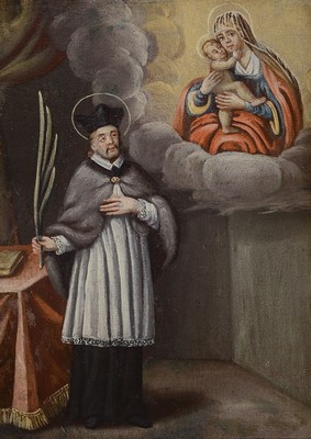 Andachtsbild, süddeutsch, um 1780, Hl. Augustinus unter dem Gnadenbild von Maria mit dem Jesuskind, Öl/Lwd/Holz, ca. 55x40cm, R. ca. 62x45cm