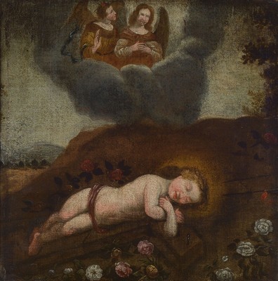 Andachtsbild, süddeutsch, 2. Hälfte 18. Jh.,schlafendes Kind inmitten von Rosen, behütet von zwei Engeln im Himmel, Öl/Lwd, rest., doubl., ...