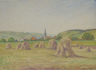 Oskar Becker, 1898-1982, Feld nach der Getreideernte, im Hintergrund ein Dorf, Aquarell auf Papier, leicht fleckig, rechts unten signiert, ca. ...
