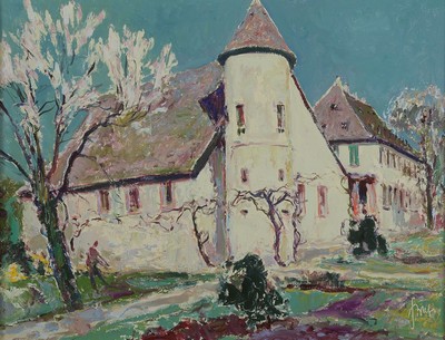 Karl Graf, 1902-1986 Speyer, Blick auf ein Gebäude und blühende Bäume, Öl/Hartfaser, rechts unten signiert, ca. 50x65cm, R.