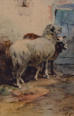 Anton Braith, 1836 Biberach - 1926 München, Aquarell/Kohlezeichnung, zwei blökende Schafe vor der Stalltür, auf Papier meisterliche Lichtführung ...