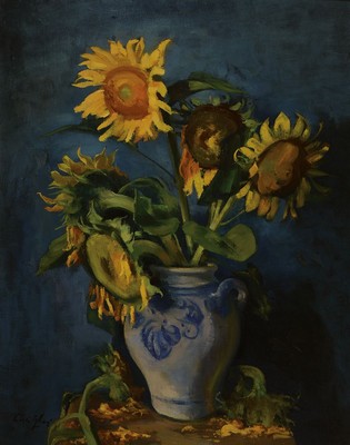 Willi Egler, 1887 Bad Rappenau-1953 Karlsruhe, Sonnenblumen im Westerwälder Steinzeugkrug, Öl/Lwd, links unten signiert, ca. 100x80cm, R. ca. ...