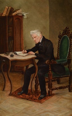 Wilhelm Johann Bader, 1855-1920 Darmstadt, Grillparzer am Schreibtisch, rückseitig auf Etikett so betitelt, Öl/Lwd, seitlich links monogrammiert, ...