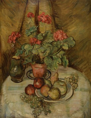 Richard Alexander Dilger, 1887-1973, Stillleben, Früchte und Geranien, Öl/Lwd, oben recht sign. und dat. 1937, R. ca. 116x90 cm