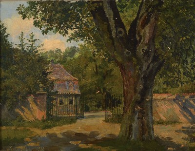 Kath. Heinz, datiert 1916, Blick in die Licht durchflutete, Garteneinfahrt, Öl/Lwd, signiert, stimmungsvolle impressionistische Malweise, li. unten ...