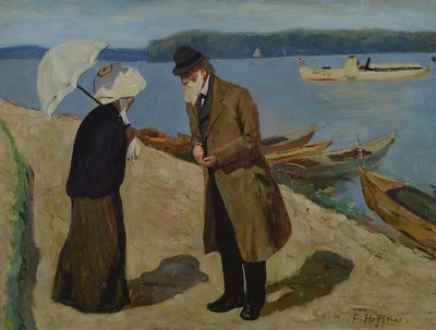 F. Hoffman, wohl französisch, um 1900-10, Älteres Paar am Flußufer, Öl/Malkarton, rechts unten signiert, ca. 30x40cm, R.c a. 43x53cm