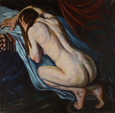 Unbekannter Künstler, 1. Hälfte 20. Jh., melancholischer Rückenakt, Öl/Lwd, links unten unleserlich signiert Artur (?) T...., ca. 110x110cm
