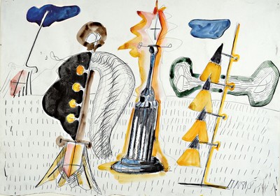 Markus Lüpertz, geb. 1941, Mischtechnik Gouache, Kohle und Bleistift auf Papier, links oben signiert Markus, ca. 43x 62cm, leicht verschmutzt, vom ...