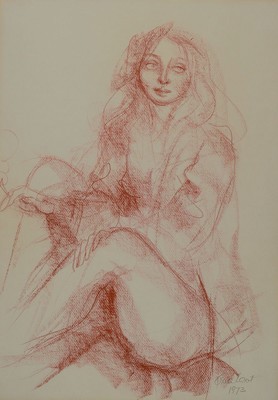Dina Larot, geb. 1942, "Mädchen", Rötelzeichnung, sign., dat. 1973, unter Glas gerahmt, gesamt ca. 78x60 cm